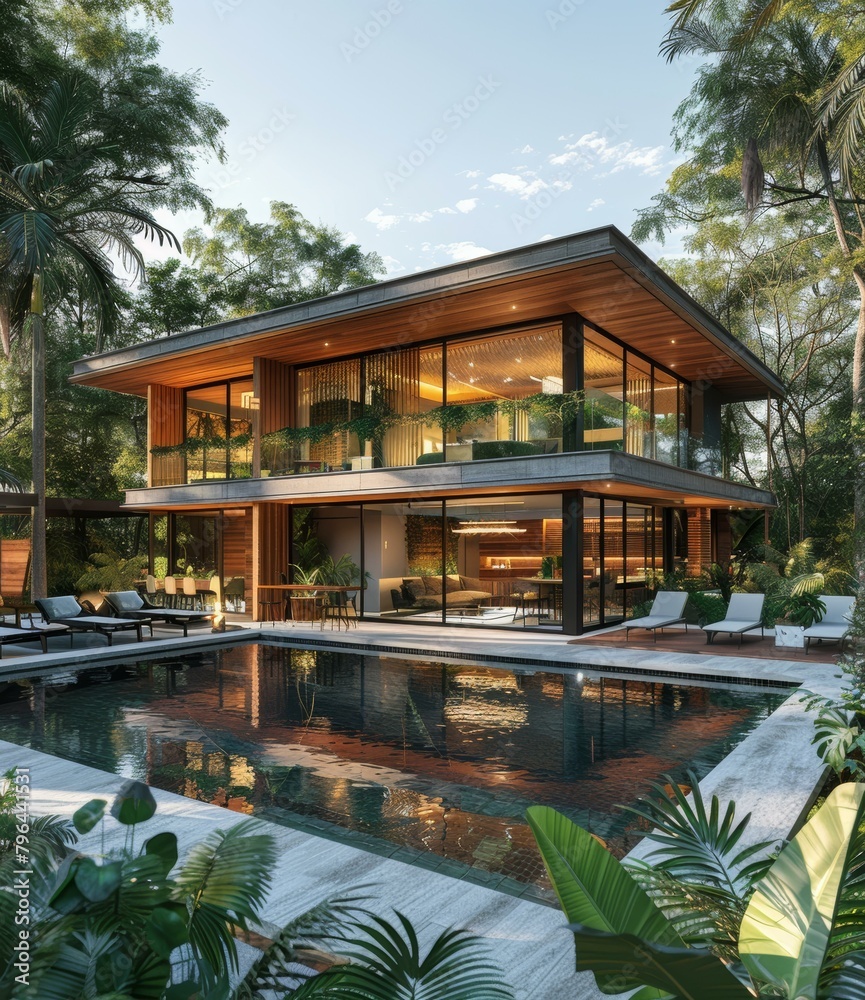 Modern luxury house with pool and tropical garden