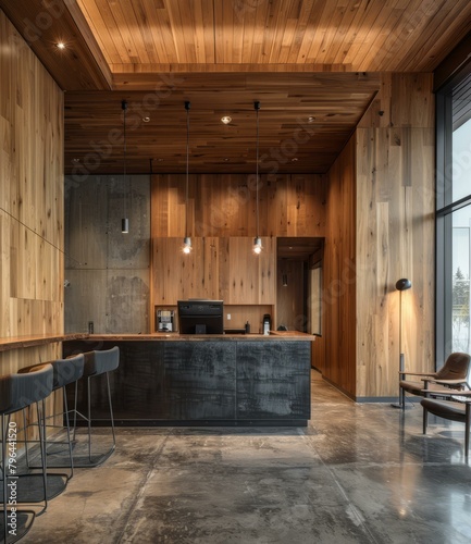 b'Wood and metal hotel lobby interior design' photo