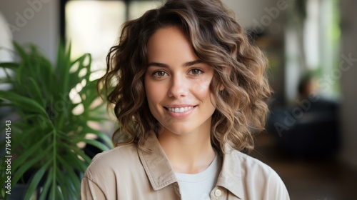 b'portrait of a young woman with curly hair smiling wearing a tan jacket' photo