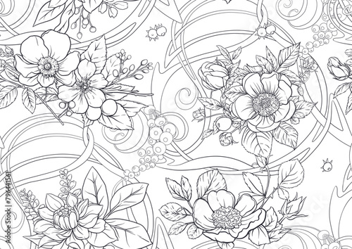 Boutonniere of wild rose flowers and berries Seamless pattern, background. Outline hand drawing vector illustration. In botanical style