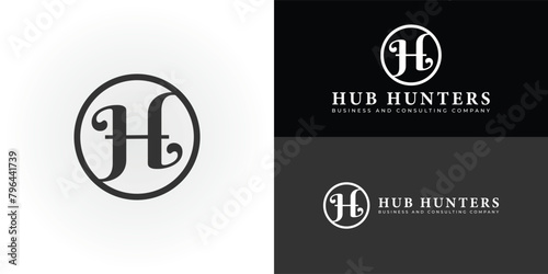 Abstract initial letter H or HH logo in black color isolated on multiple blue background colors. The logo is suitable for business and consulting company icon logo design inspiration templates.