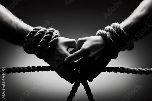 Hands tied with ropes in bondage. photo