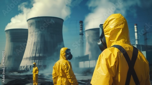 People in yellow hazmat safety clothes and masks standing near the steaming nuclear power station photo