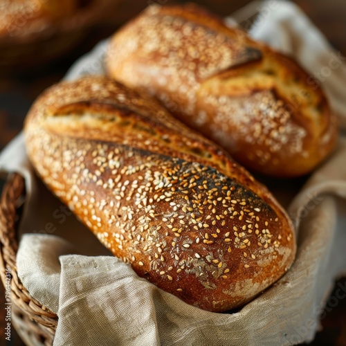 Loaf of bread with sesame seeds in a basket