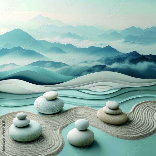 b'Blue and White Zen Garden with Stone Cairns and Mountains in the Background'