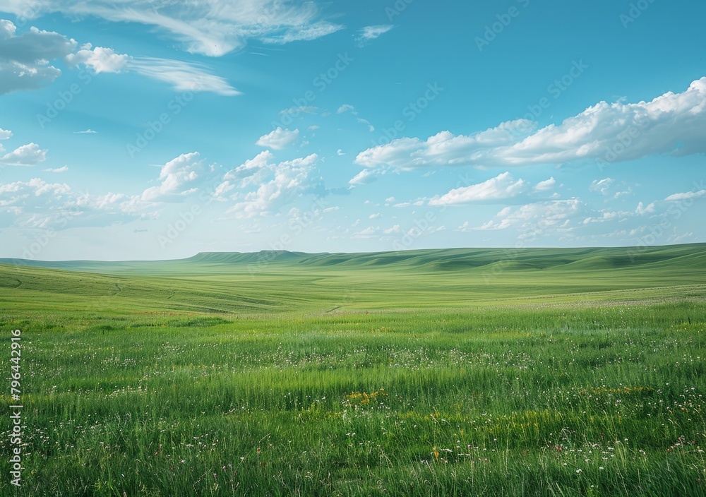 b'Vast green grassland under blue sky with clouds'