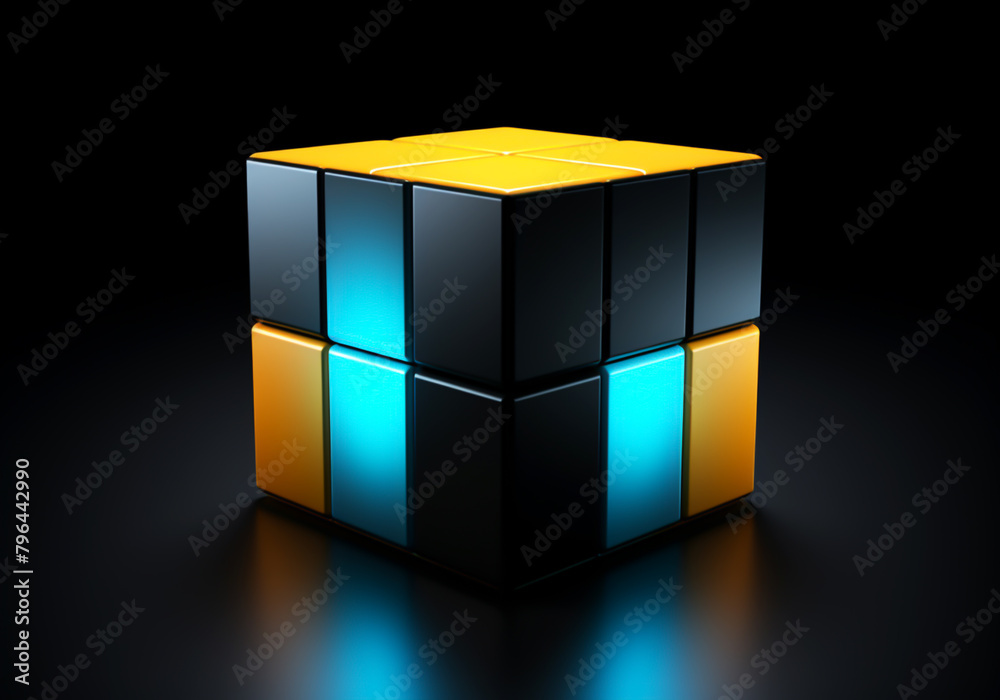 Obraz premium 3D blue and yellow cube with refraction and holographic effect light on dark background