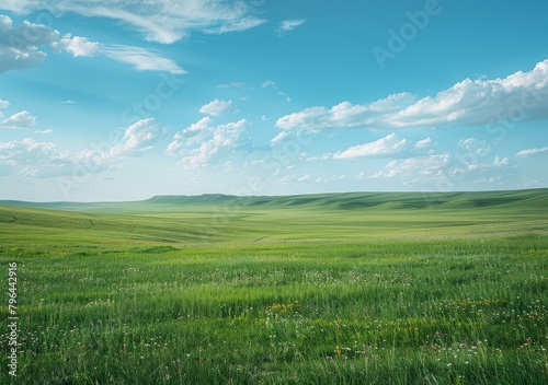 b Vast green grassland under blue sky with clouds 
