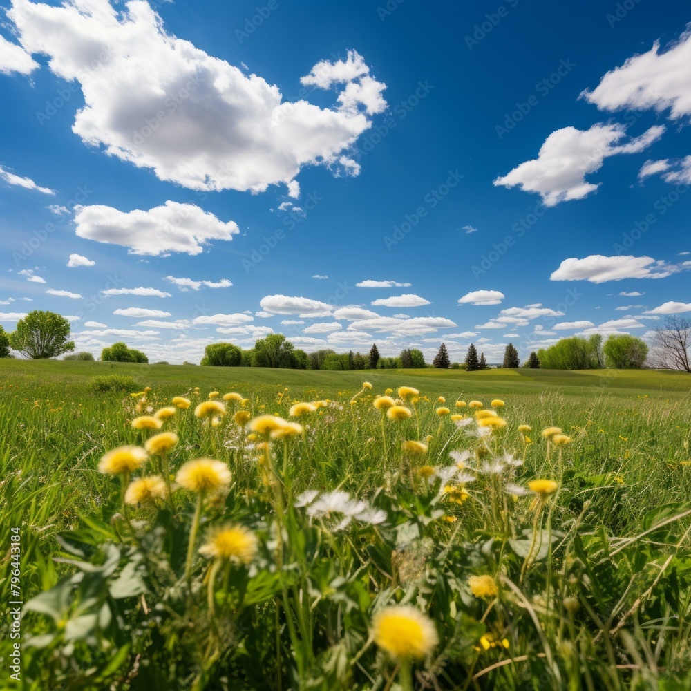 b'Yellow dandelions and white clovers in a green field under a blue sky with white clouds'