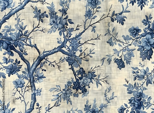 b'Blue and white cotton chintz fabric with a floral pattern'