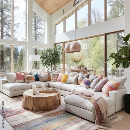b'Modern living room interior with large windows and comfortable sofa'
