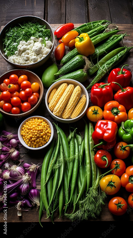 b'A variety of fresh vegetables are arranged on a wooden table.' b'A variety of fresh vegetables are arranged on a wooden table.'