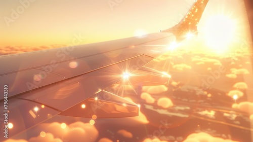 Aircraft Wing, silver, sleek design, soaring through a clear sky, subtle clouds, 3D render, golden hour, lens flare, Tilted angle vie