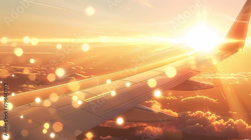 Aircraft Wing, silver, sleek design, soaring through a clear sky, subtle clouds, 3D render, golden hour, lens flare, Tilted angle vie