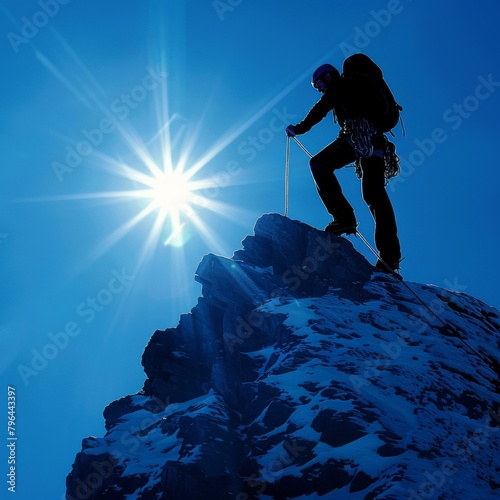 b'Mountaineer on the summit of a mountain'
