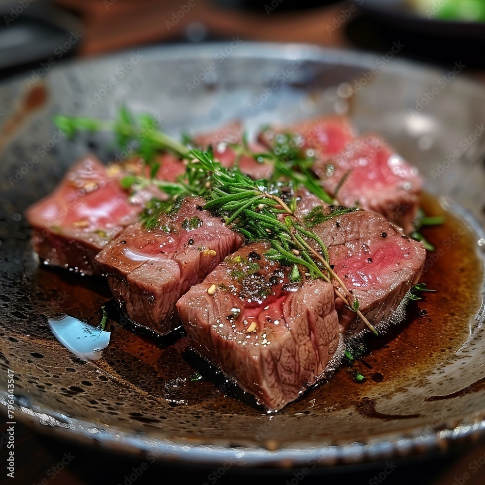 b'Seared beef tenderloin with rosemary and sesame seeds'