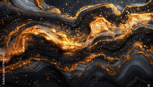 A dark background with swirling patterns of black and gold. Created with Ai