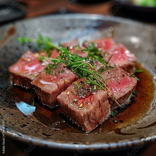 b'Seared beef tenderloin with rosemary and sesame seeds'