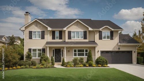 this is a photo of the front of a house. It is a two-story house with a beige exterior and a dark roof