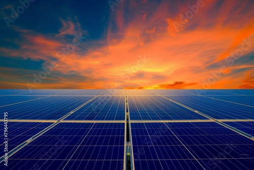 b'A large solar farm with blue solar panels and an orange sky in the background' © Adobe Contributor