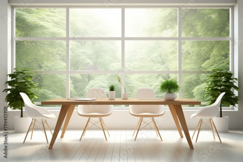 b'A conference room with a large window looking out onto a forest' © Adobe Contributor