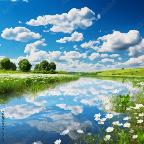 b'Field of daisies by the river on a sunny day with puffy white clouds in the blue sky' © Adobe Contributor