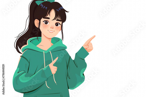 Smiling teen girl in green hoodie pointing to copy space - advertising and youthful presentation © Lenuccia