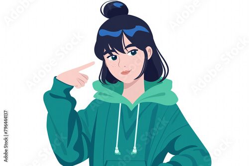 Confident teen girl pointing to herself in green hoodie - self-identity and personal choice © Lenuccia