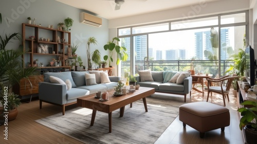 b'A bright and airy living room with a large balcony'