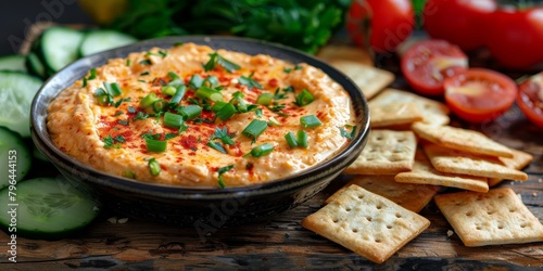 Roasted red pepper hummus with crackers and vegetables photo