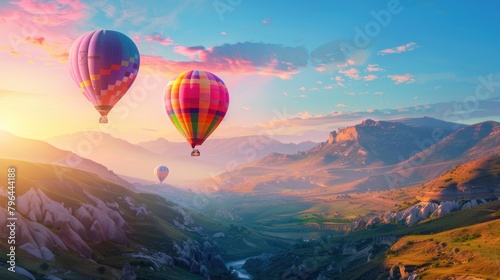 Colorful hot air balloons flying over a beautiful landscape .