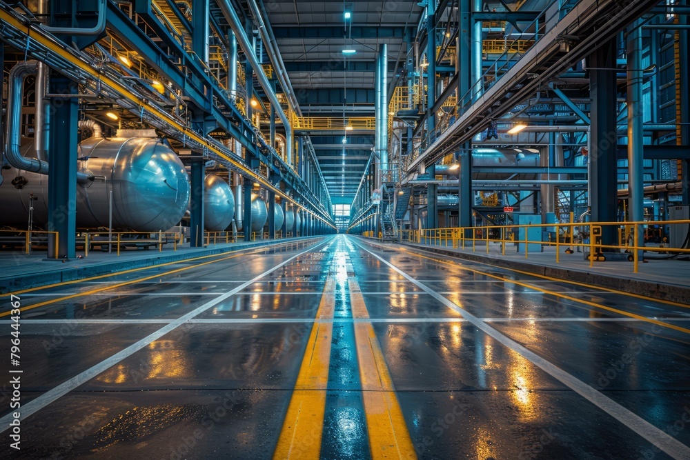 b'An empty modern industrial building with yellow lines on the floor' b'An empty modern industrial building with yellow lines on the floor'