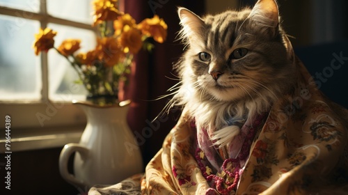 b'A cat wearing a scarf is sitting in front of a vase of flowers'