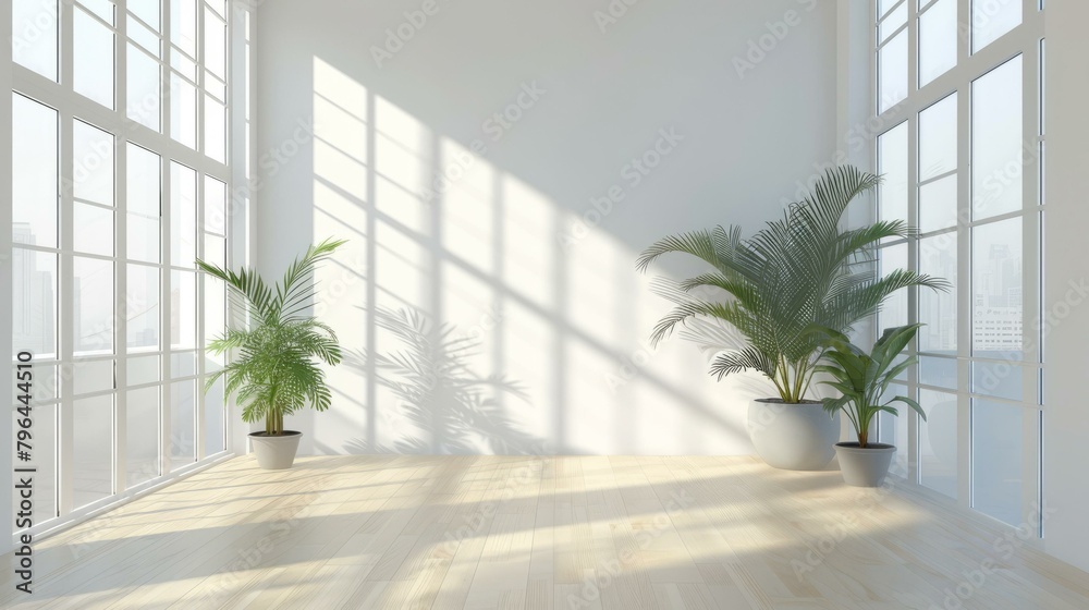 b'Bright and Airy Room with Large Windows and Plants'