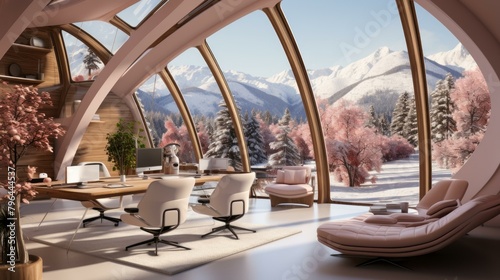 b'futuristic home office with a stunning mountain view'