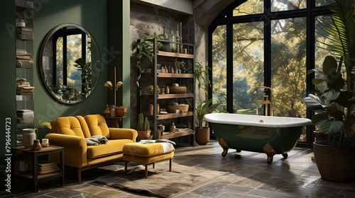 b Bathroom with a large green bathtub  a yellow couch  and a lot of plants 
