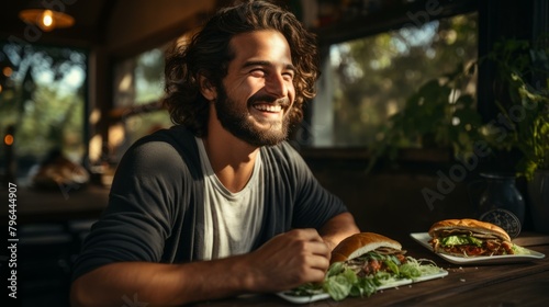 b'Middle Eastern man eating a falafel sandwich' photo