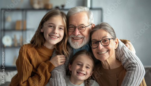 Famille de couple senior retraité dynamique et heureux avec leurs petits enfants qui s'amuse dans une maison