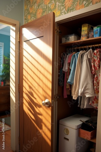 b'An open closet with clothes hanging on a rack inside it' © Adobe Contributor