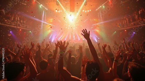 b'Crowd of People Dancing at a Rave with Their Hands Raised in the Air' photo