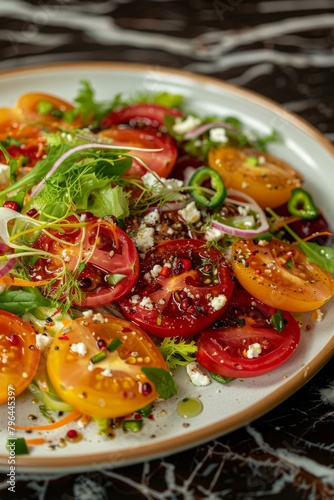 b'colorful tomato salad with feta cheese and microgreens'