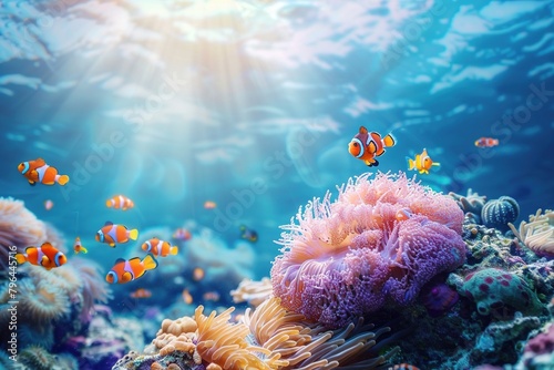 Sea animal salt water fishes background - Clownfish (amphiprion percula) on coral reef, cute anemone fish photo