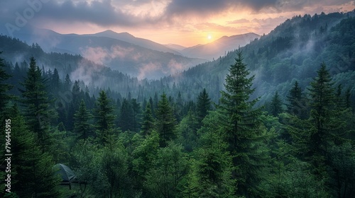 Misty Mountains and Spruce Fir Forest at Sunset © Adobe Contributor