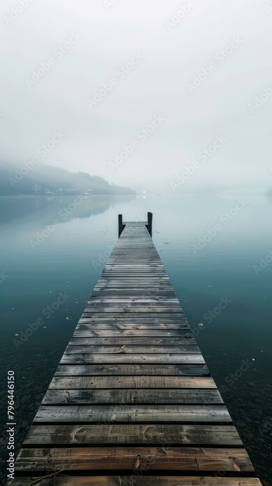 b'Wooden dock extending into a calm lake on a foggy day'