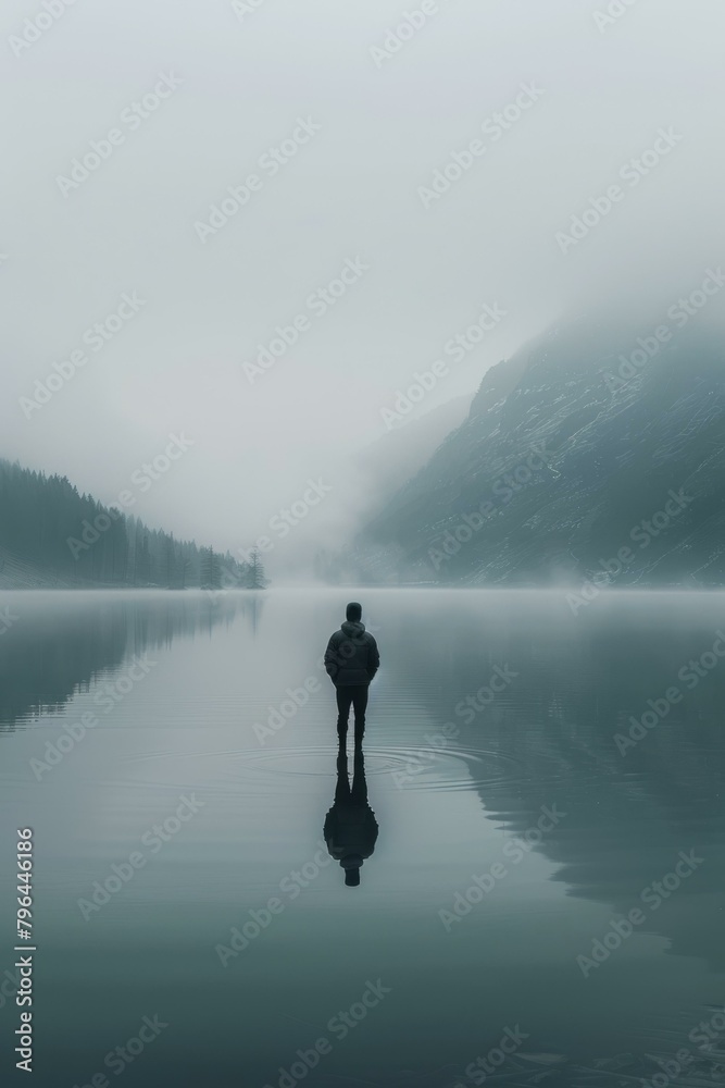 b'Man standing alone in a foggy lake surrounded by mountains' b'Man standing alone in a foggy lake surrounded by mountains'