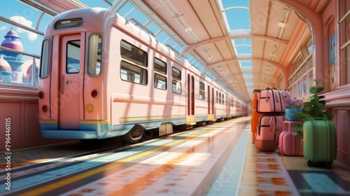 b'A pink retro train sits in a station with pink luggage on the platform'