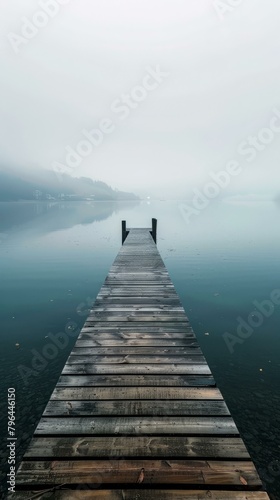 b'Wooden dock extending into a calm lake on a foggy day'