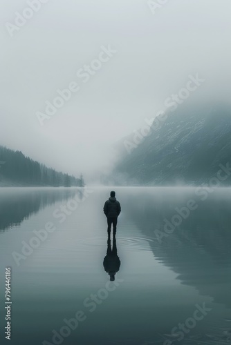 b'Man standing alone in a foggy lake surrounded by mountains'