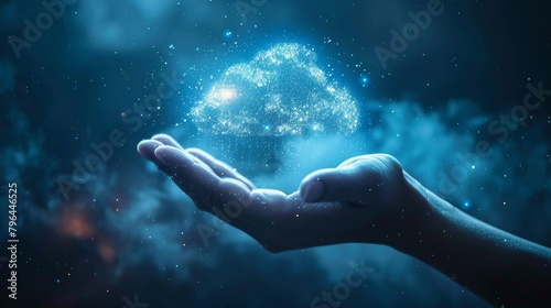 Cloud Computing: A 3D vector illustration of a hand holding a cloud with digital data inside