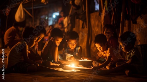Group of impoverished children studying together under a streetlight at night.